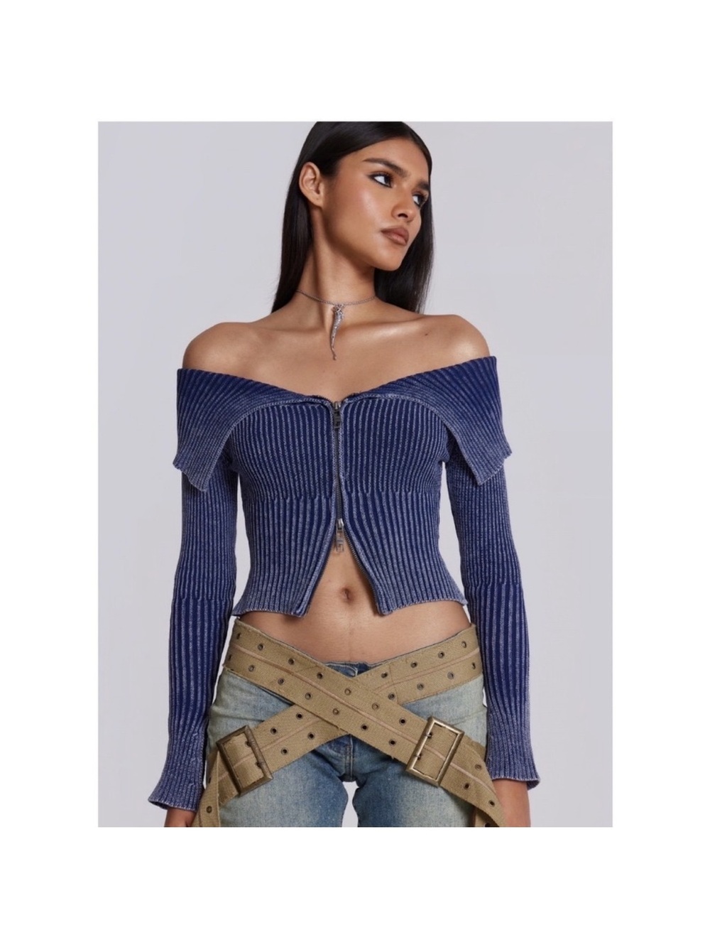 Jaded London Navy Ribbed Off-Shoulder Zip Crop Sweater